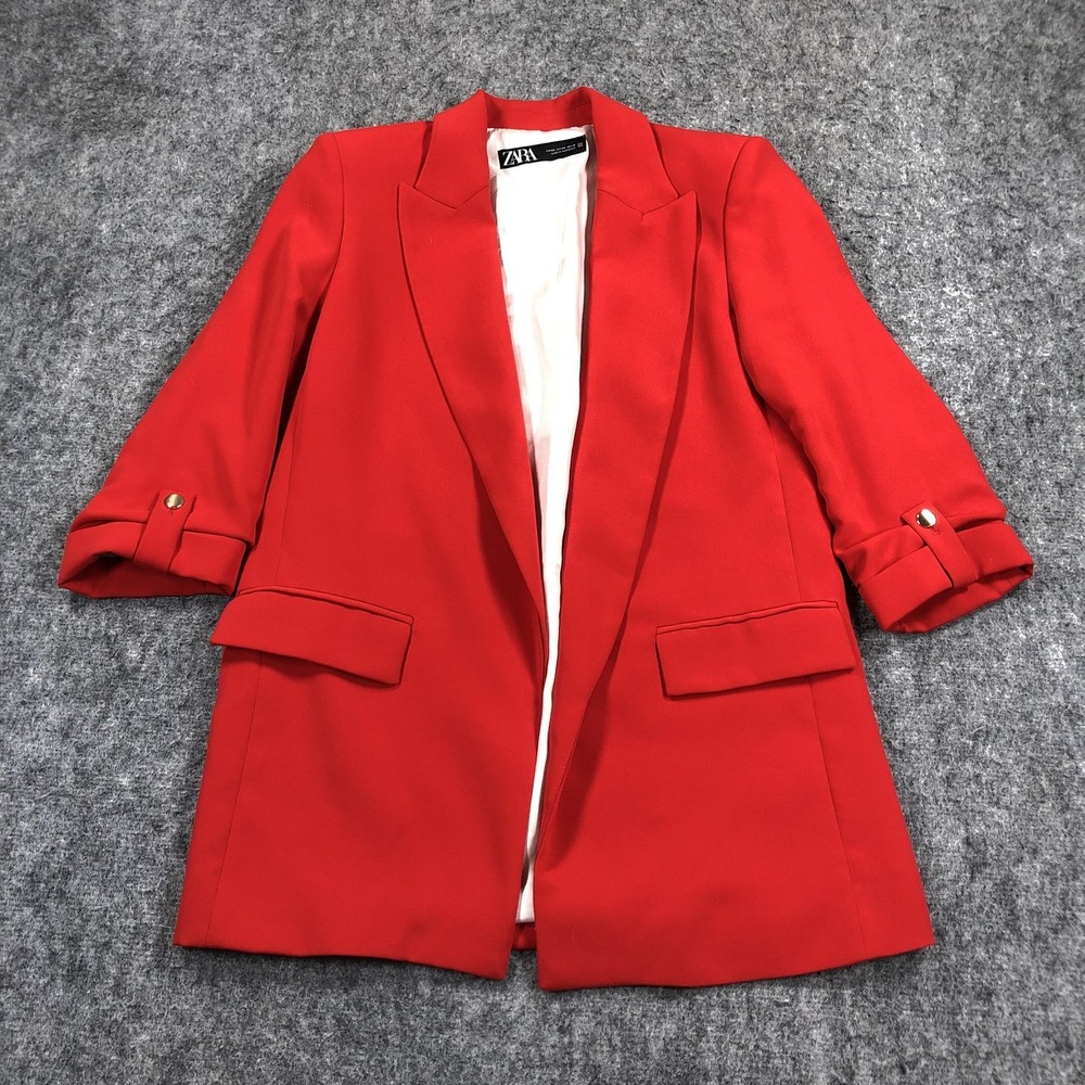 Zara Blazer Womens XS Red Long Open Front 3/4 Sleeve Lined Tailored Career